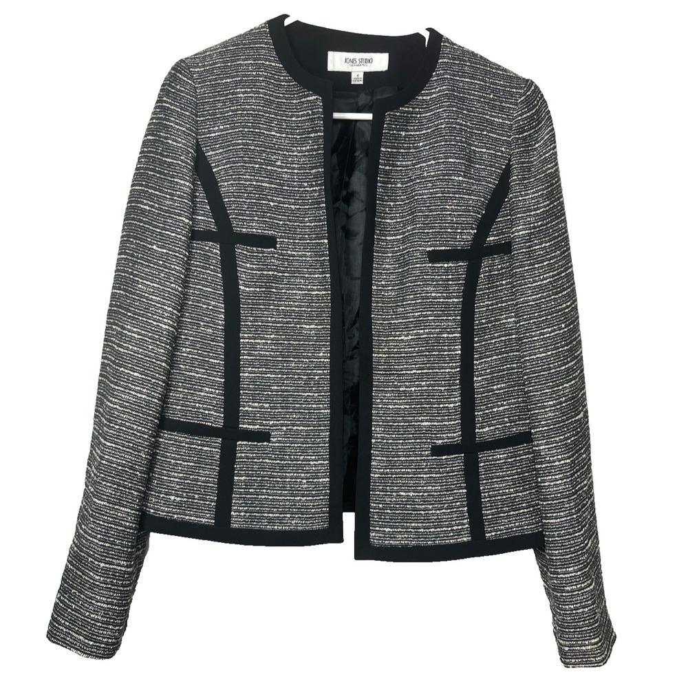 Jones Studio Women's Blazer Gray Black Trim Textured Open‎ Front Career Sz 4